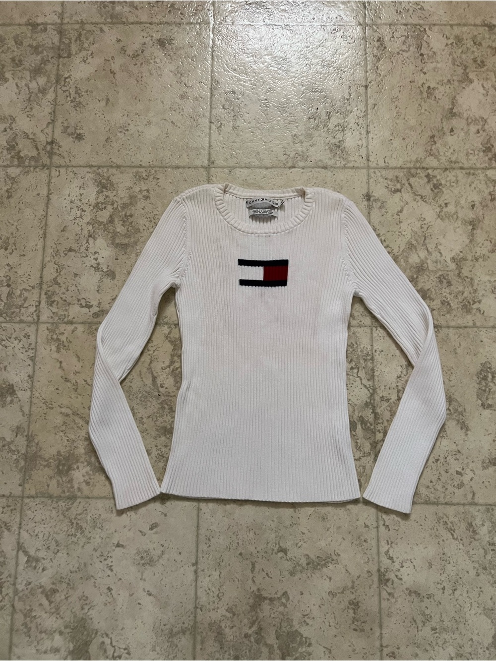 Vintage Tommy Hilfiger White Ribbed Long-Sleeve Knit Top - size small